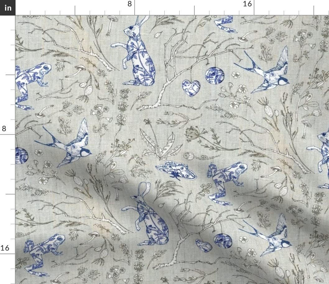 Spoonflower Fabric - Rabbit Meadow Blue White Woodland Botanical Flowers Garden Forest Printed on Petal Signature Cotton Fabric Fat Quarter - Sewing Quilting Apparel Crafts Decor