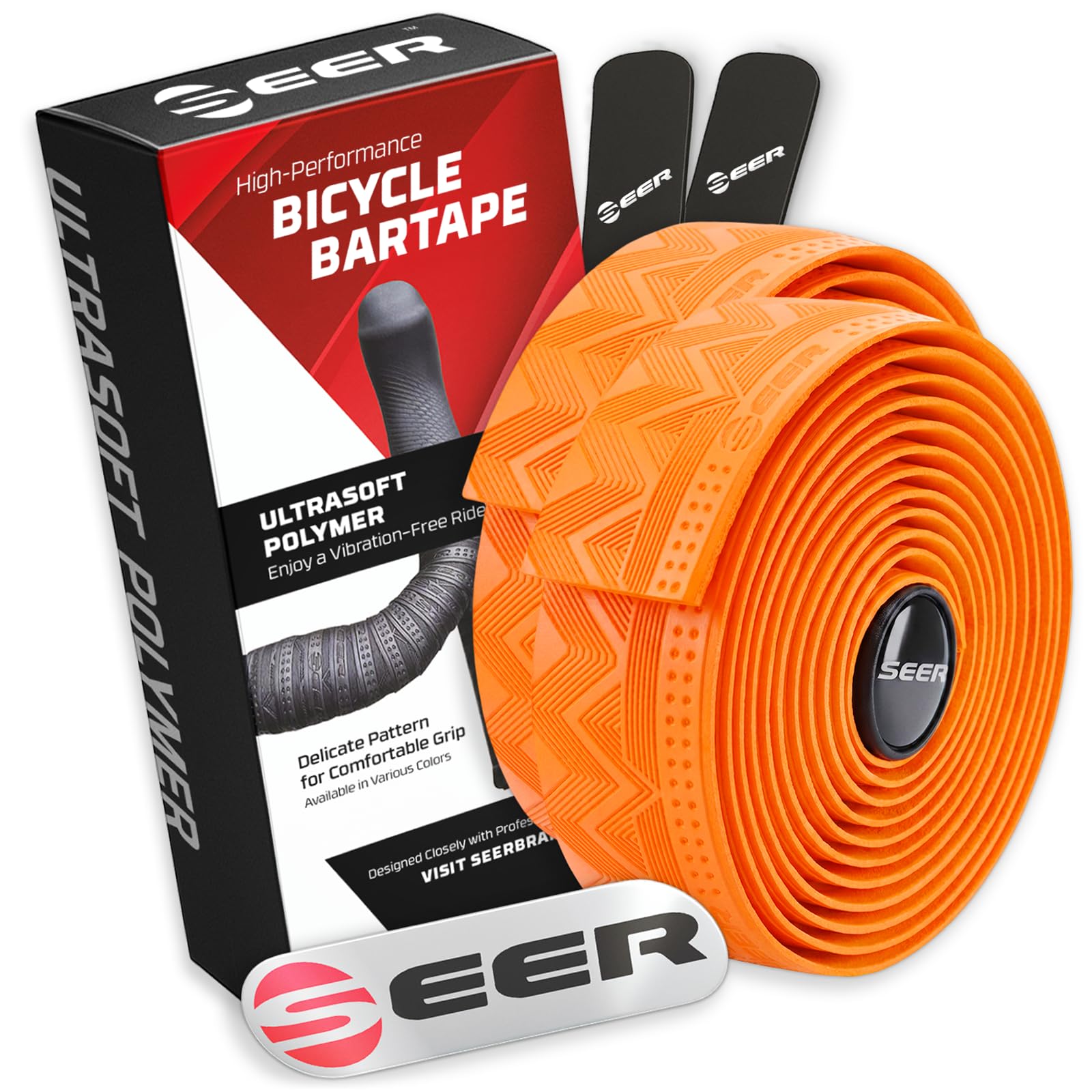 SEER Bike Bar Tape – New Ultra-Soft Polymer Handlebar Tape for Road & Gravel Bikes, Comfortable Anti-Vibration Cycling Tape, Complete Kit with 2 Rolls, End Plugs & Finish Strips (Orange)