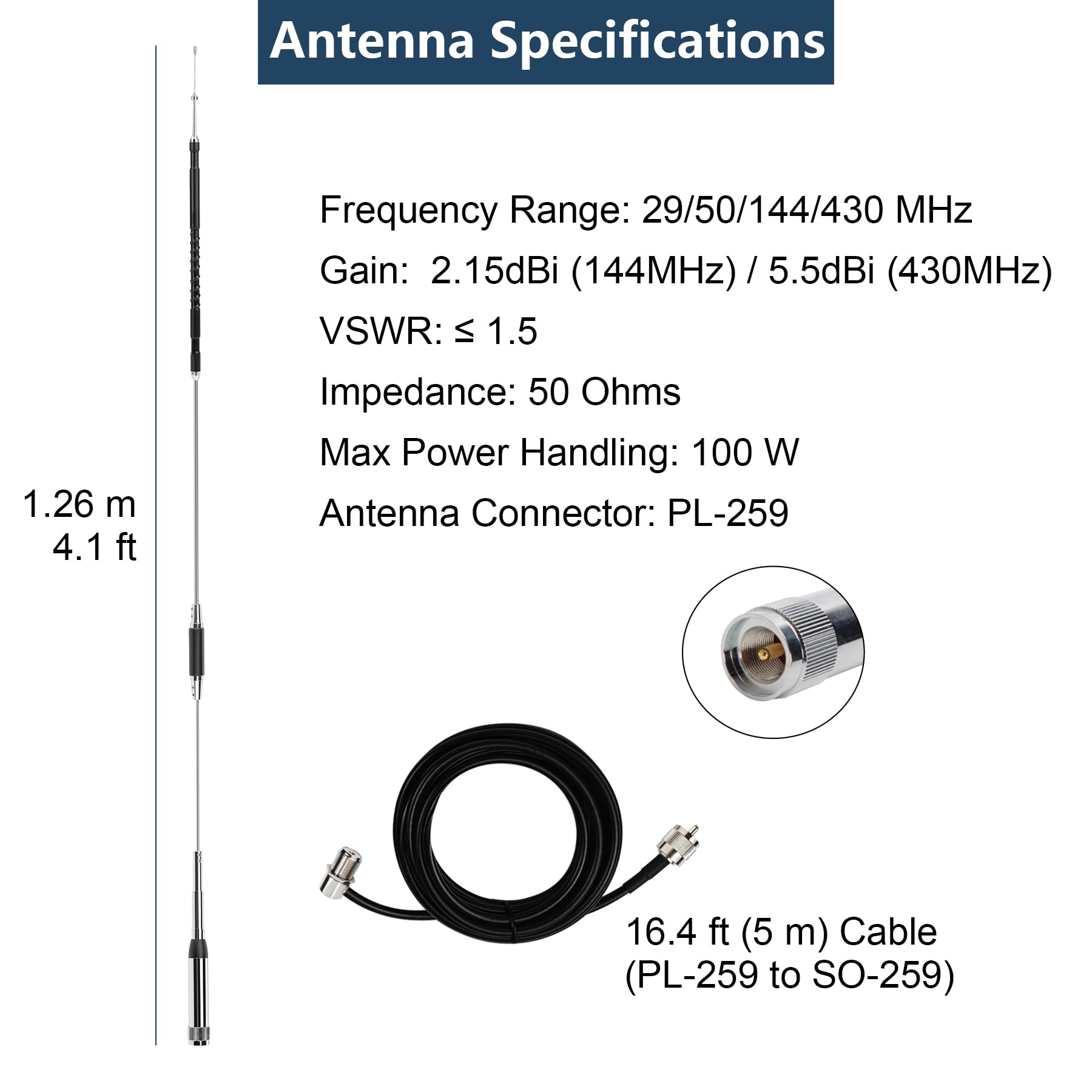 Antena de radio móvil de banda cuádruple de 10 m, 6 m, 2 m, 70 cm, 29/50/144/430 MHz, antena de alta ganancia para radio Molie de coche con cable coaxial de 16.4 pies y clip de base