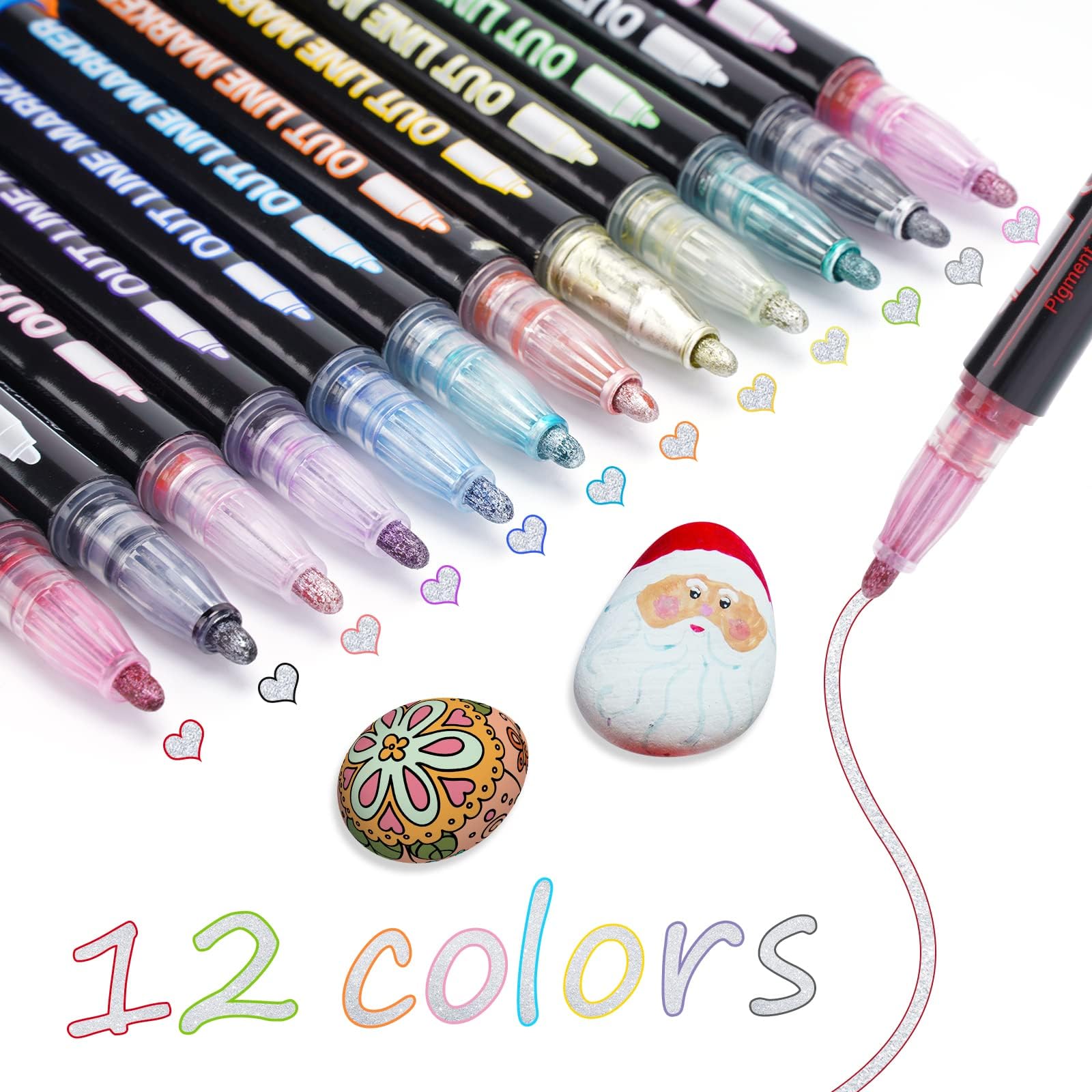 Shimmer Markers Outline Double Line 12 Colors Metallic