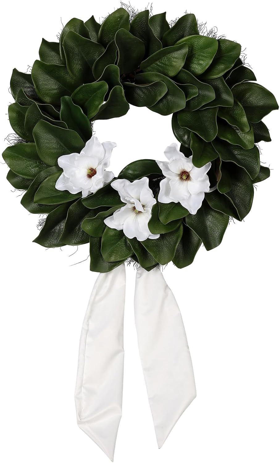 24 Inch Artificial Magnolia Wreath for Front Door, Green Leaf Wreath with Sash Ribbon, All Season Farmhouse Indoor Outdoor Decor, Wedding Holiday Housewarming Birthday Gift for Mom