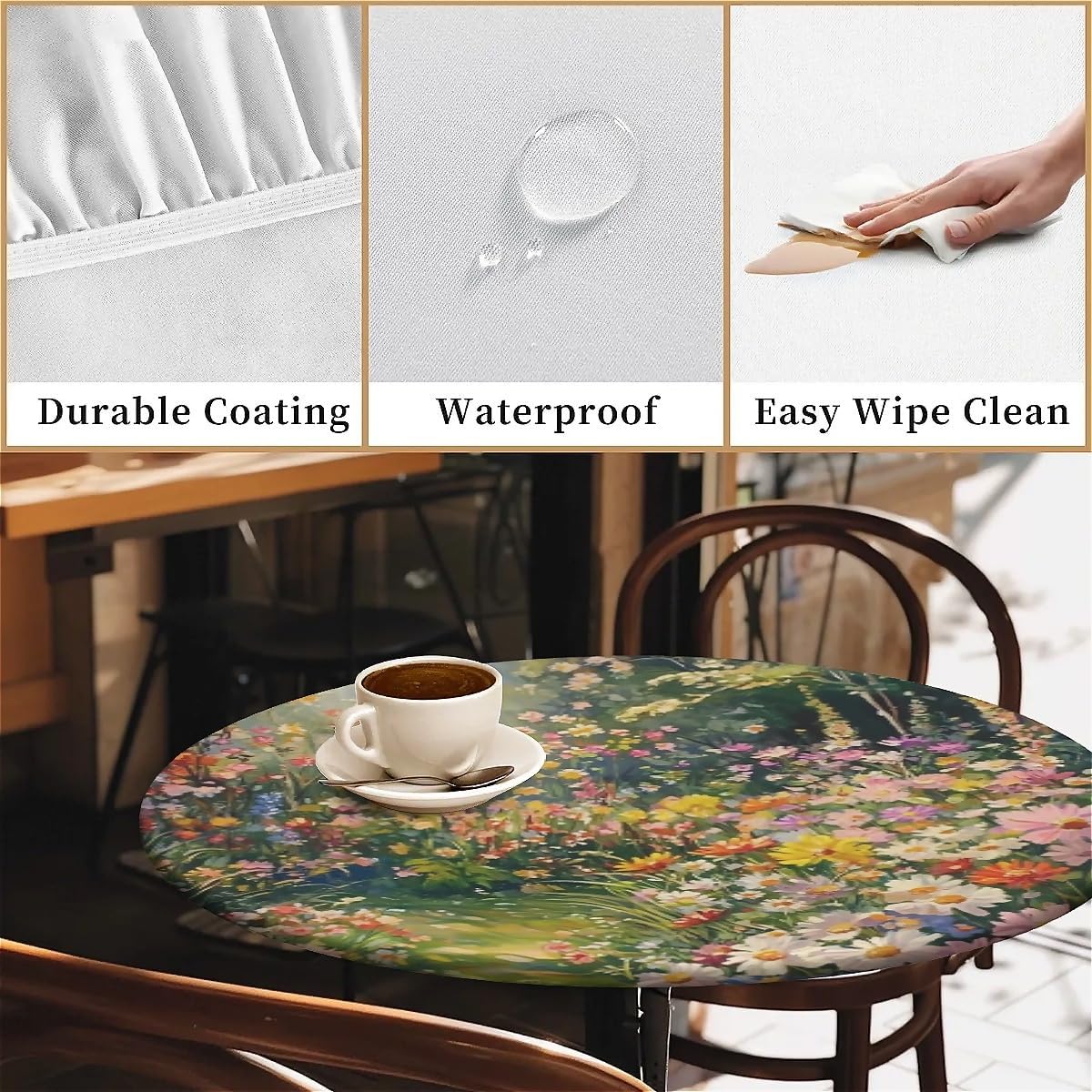 Round Fitted Tablecloth with Elastic Edge, 36"-60" Waterproof Stain Resistant Table Cover for Indoor, Outdoor, Picnic, Dining, Camping, Party, Holiday, 52inch, Sunlit Floral