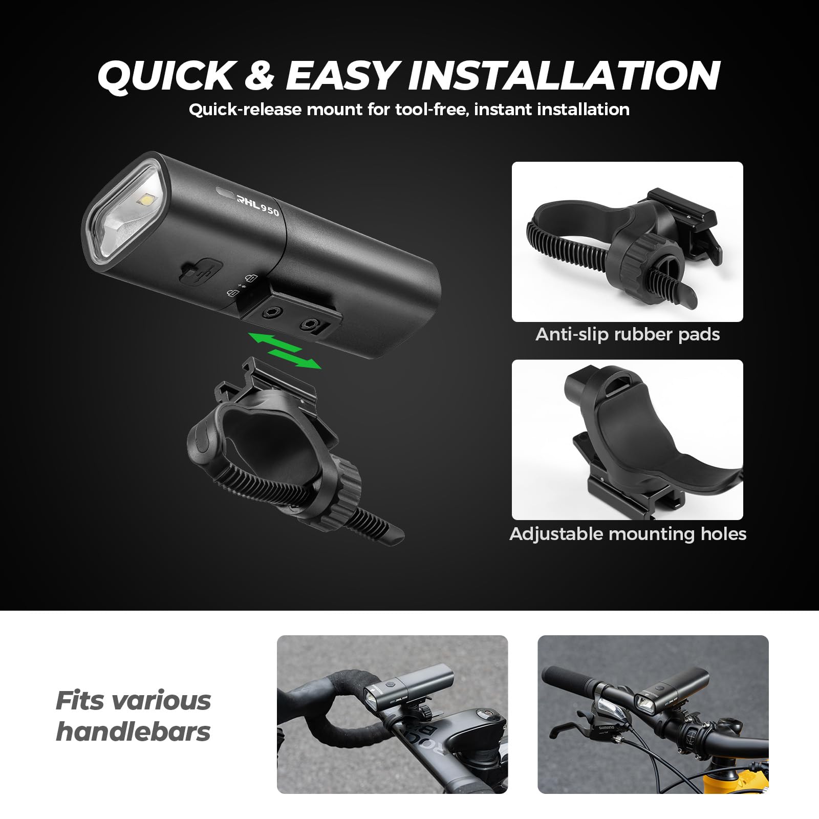 ROCKBROS Luci Bici Anteriore 950 Lumens 3 modalità USB Ricaricabile 3000mAh | LED Antiriflesso, Type-C, Fanali per Bicicletta Ciclismo Pesca Notturno