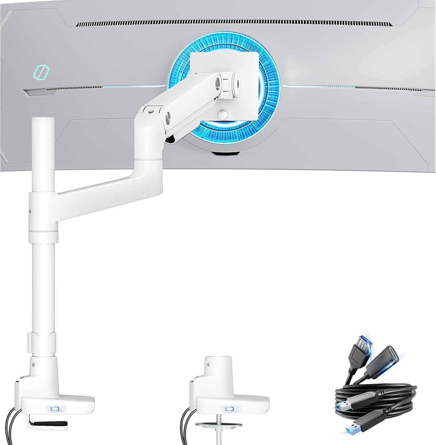 ARES WING Ultrawide Single Monitor Arm White with USB A/C, Tall Heavy Duty Monitor Arm for 17 to 49 inch Screen, Holds 44 lbs, Adjustable Gas Spring Desk Mount