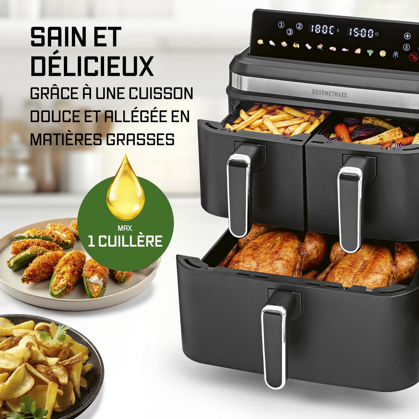GOURMETmaxx FryUp3 Friteuse à air chaud verticale 3 chambres | Friteuse à air chaud XXL 17 litres | Airfryer avec écran tactile pliable multicolore | Friteuse à air pour 12 personnes | 12 programmes