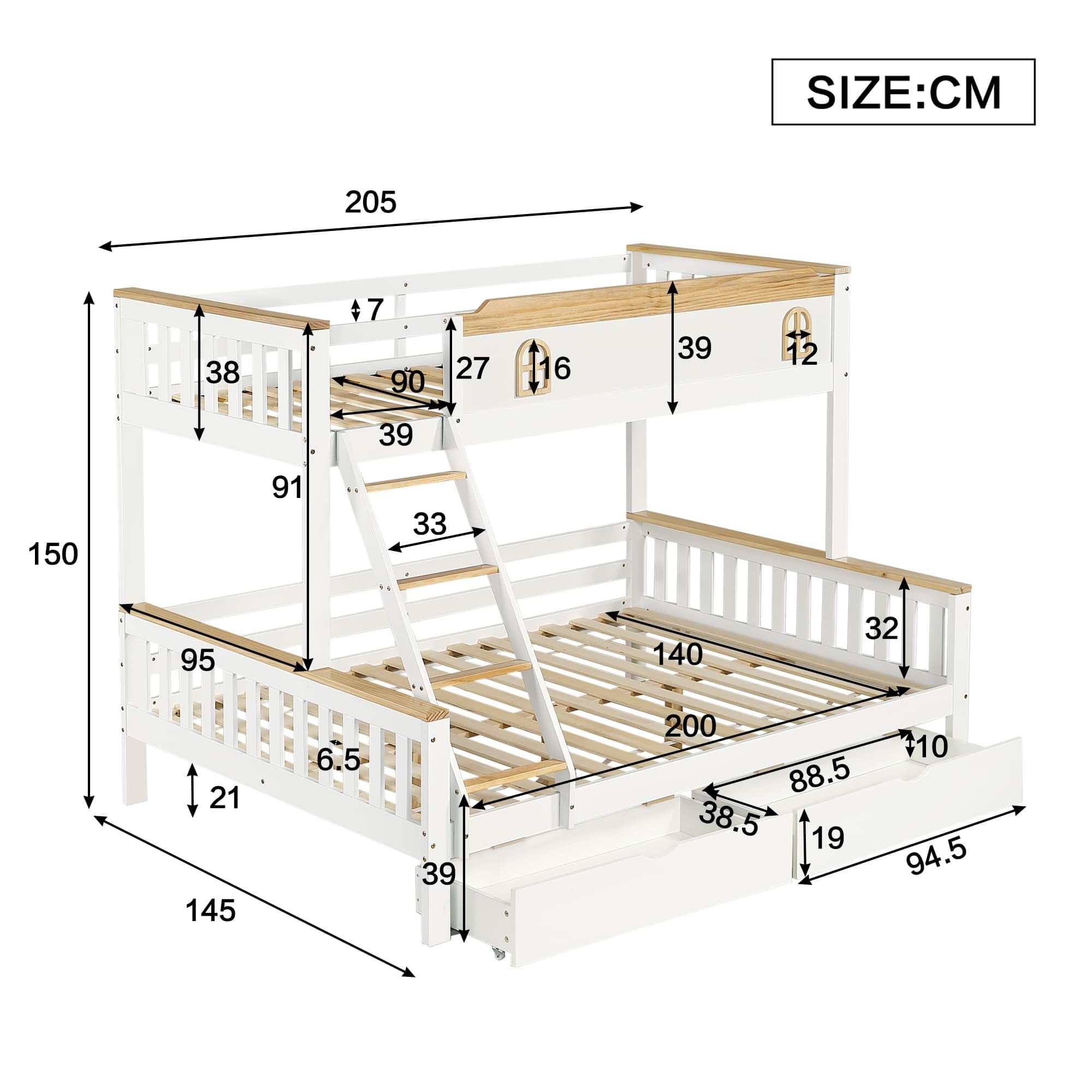 Stapelbed familiebed Scott 3 pers. 90/ 140 x 200 cm