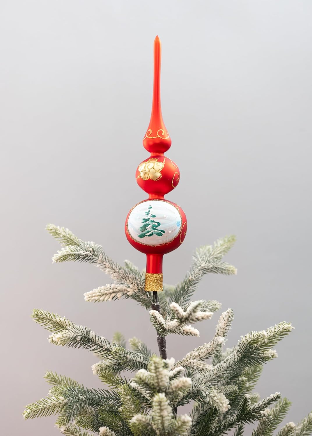 Christmas Tree Topper Spitz Glass Blown, Hand-Decorated Gold/Silver Embellishments (13 Inch / 33cm, Red Matt)