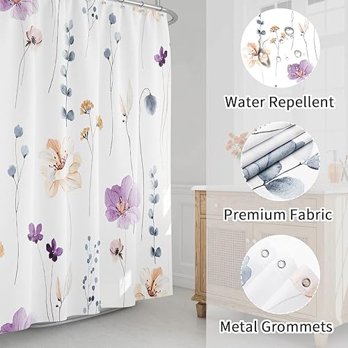 Miniatura 3 de Gibelle Cortina de ducha con diseño floral de acuarela, cortina de ducha de flores moradas y beige para baño, juego de cortina de ducha moderna