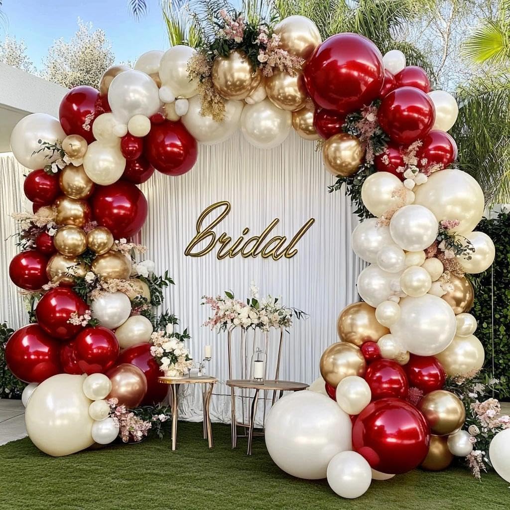 Burgundy Gold Balloons Garland Double Stuffed Pearl White Gold Maroon Wine Red Balloon Arch Kit for Wedding Baby Shower Birthday Party Decoration