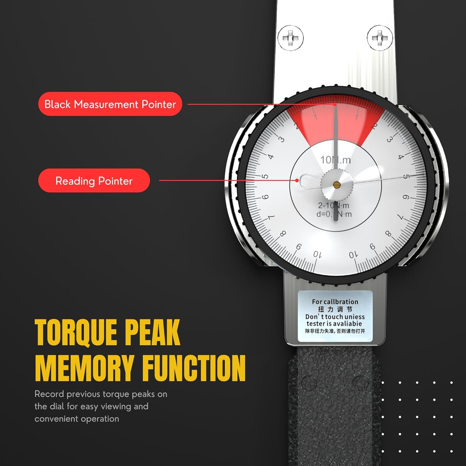 Torque wrench dial showing black measurement pointer and red reading pointer for peak memory function