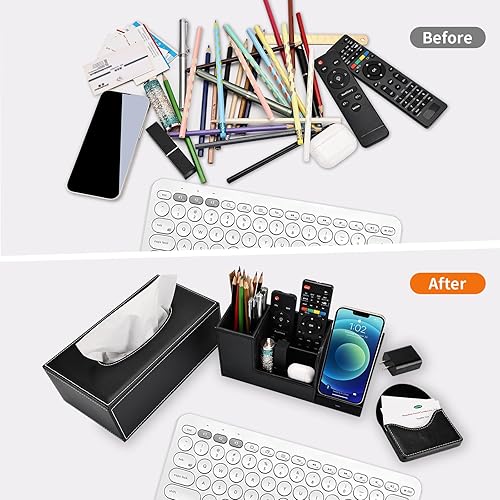 Miniatura 9 de KINGFOM Organizador de escritorio de cuero PU Portalápices para tarjetas de nombre de negocios Soporte de control remoto (gris)