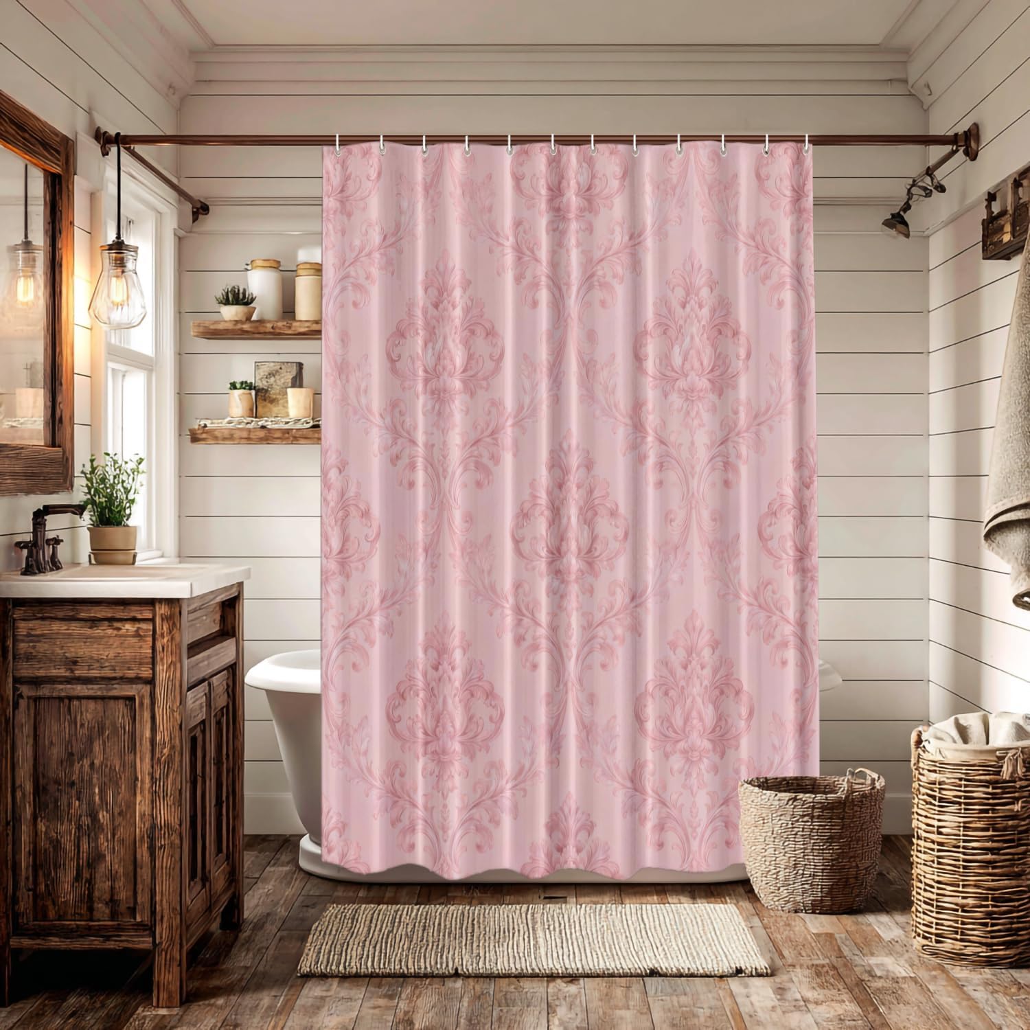 Batmerry Pink Classic Floral Decor Shower Curtain,Pink Chic Elegant Damask Floral Bathroom Decor Polyester Plastic Rings Quick-Drying Waterproof for Bathtubs/Bathroom, 72x72 inches