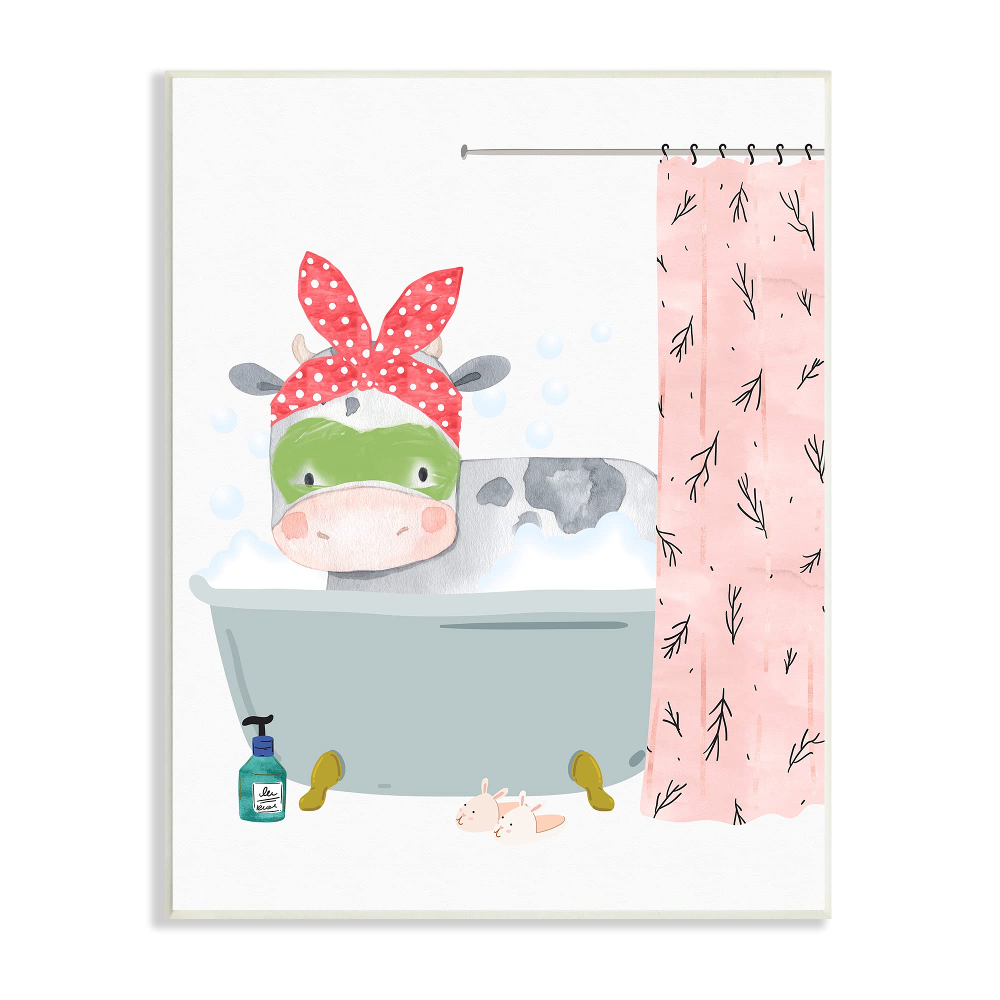 Stupell Industries Children's Farm Cow Bath Tub Bunny Slippers Bathroom, Wall Plaque, White