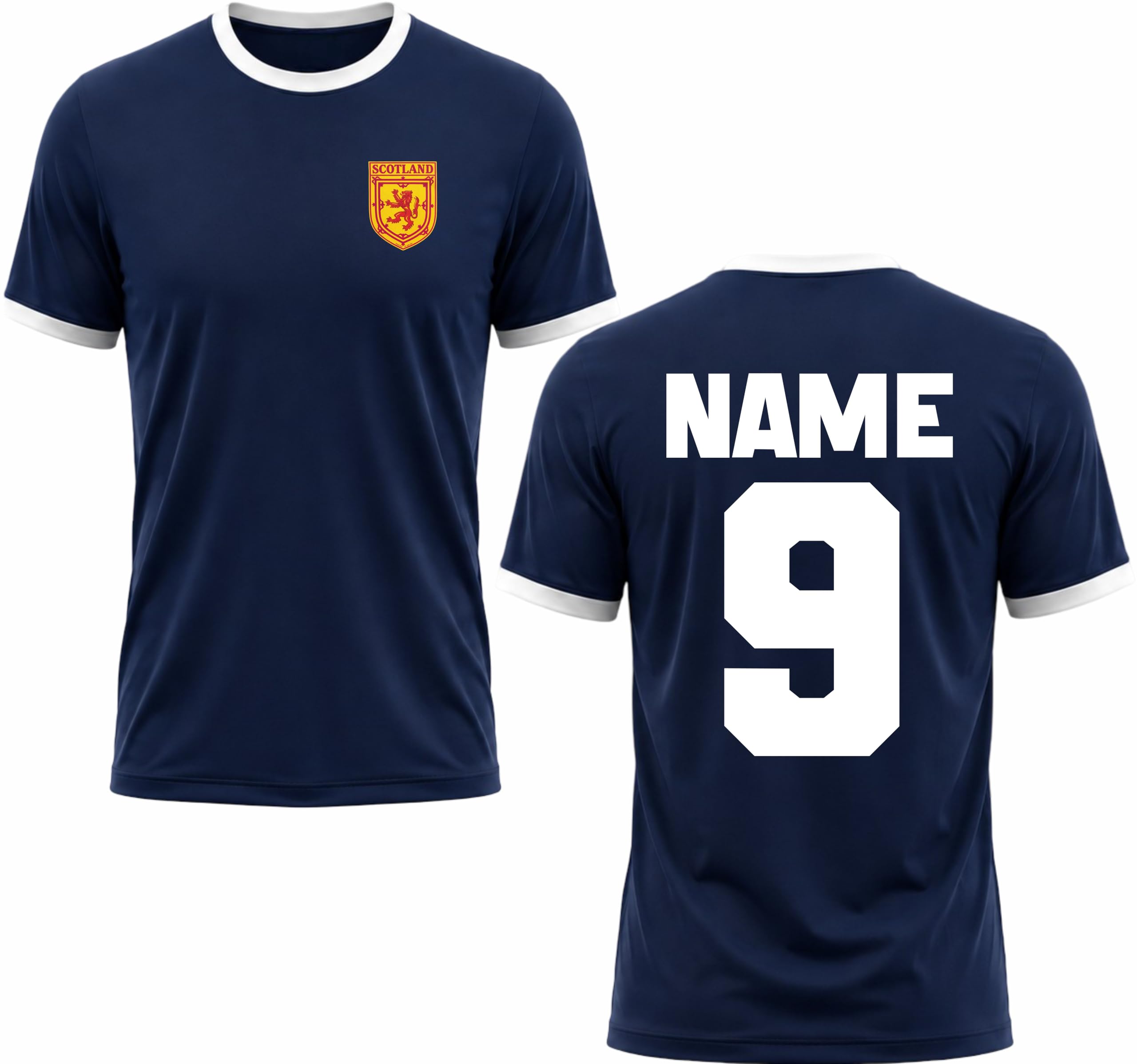 Customised Scotland Football Ringer T-Shirt Personalised Scottish Football Jersey Soccer Supporter Gift Tee Navy/White