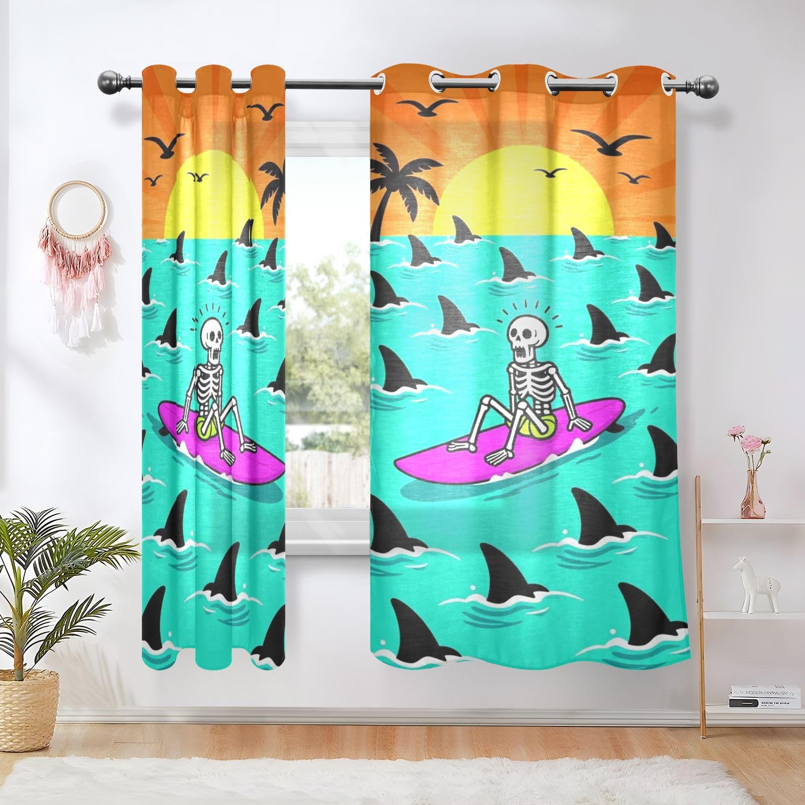Cortinas decorativas cortas para ventana, esqueleto, tiburones, verano, surfista, 63 pulgadas, juego de 2 paneles