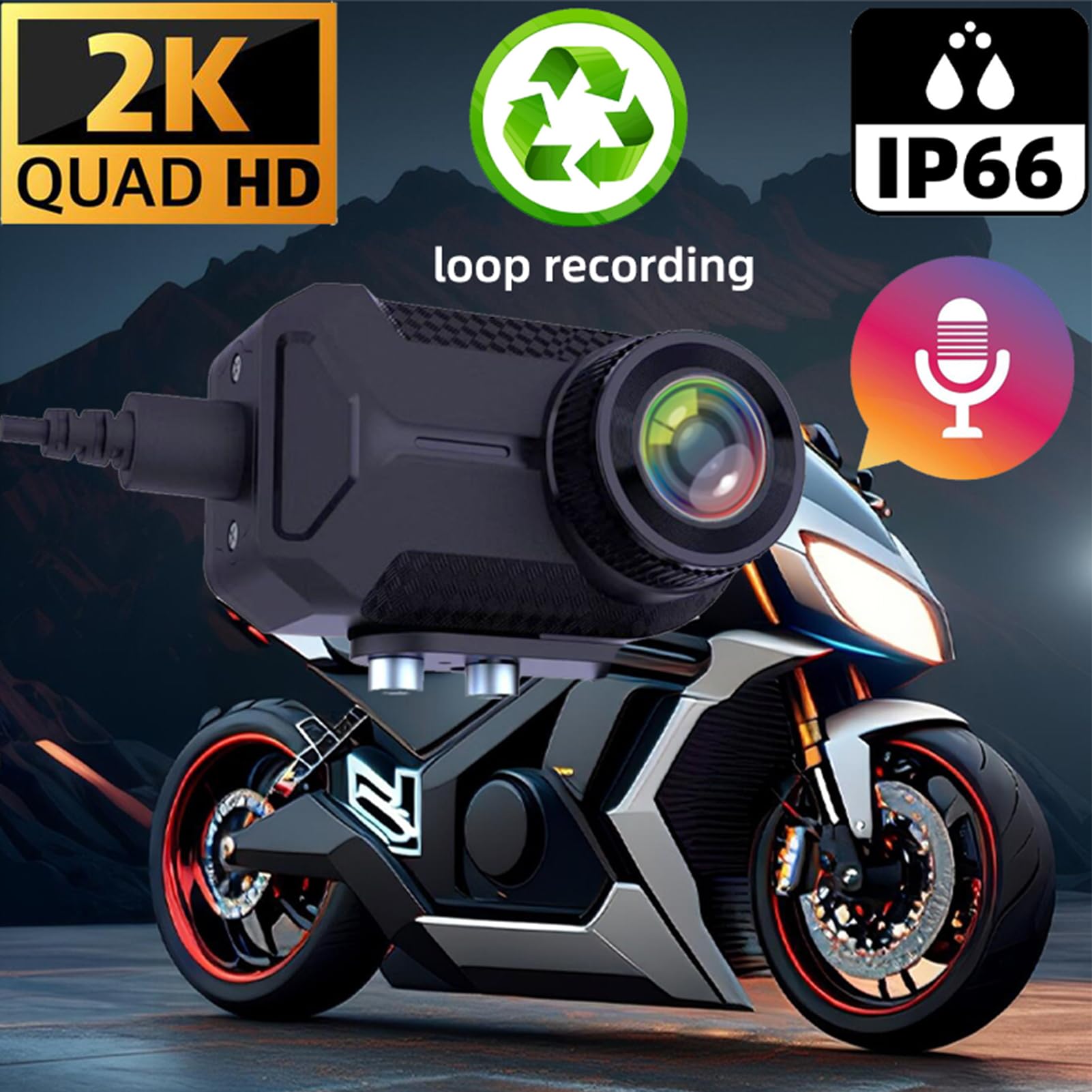 Dash Cam per Moto 2K WiFi Telecamera per Moto con Controllo App Registrazione in Loop Plug and Play Supporto Scheda TF Motociclisti ABS 6,5x4x2,5 Cm