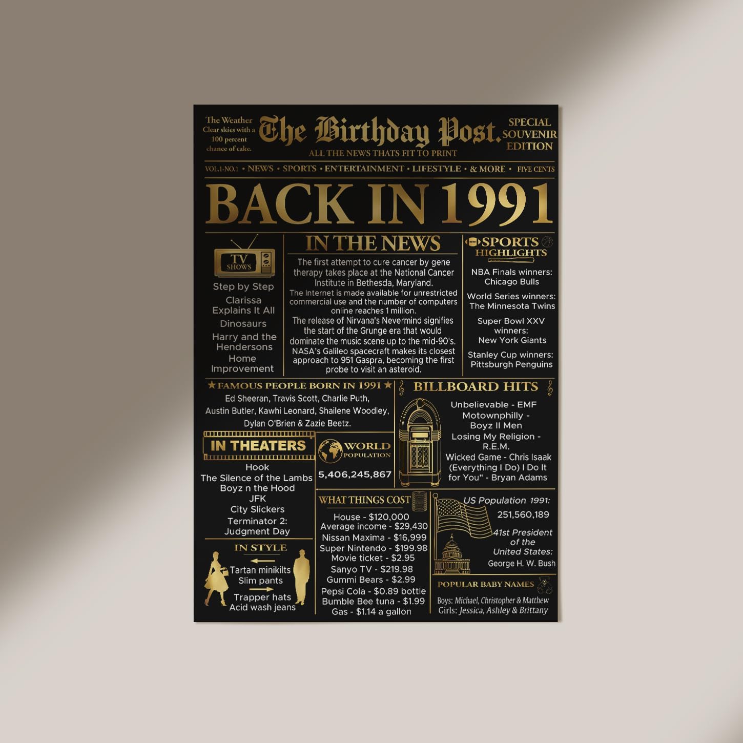 Stuff4 Gold 35th Birthday Poster Unframed - Golden Born In 1991 Newspaper - Happy 35 Birthday for Men Women Retro Vintage Gifts Back In 1991, 8x10 Inch Bday Party Decor Decoration - Image 4