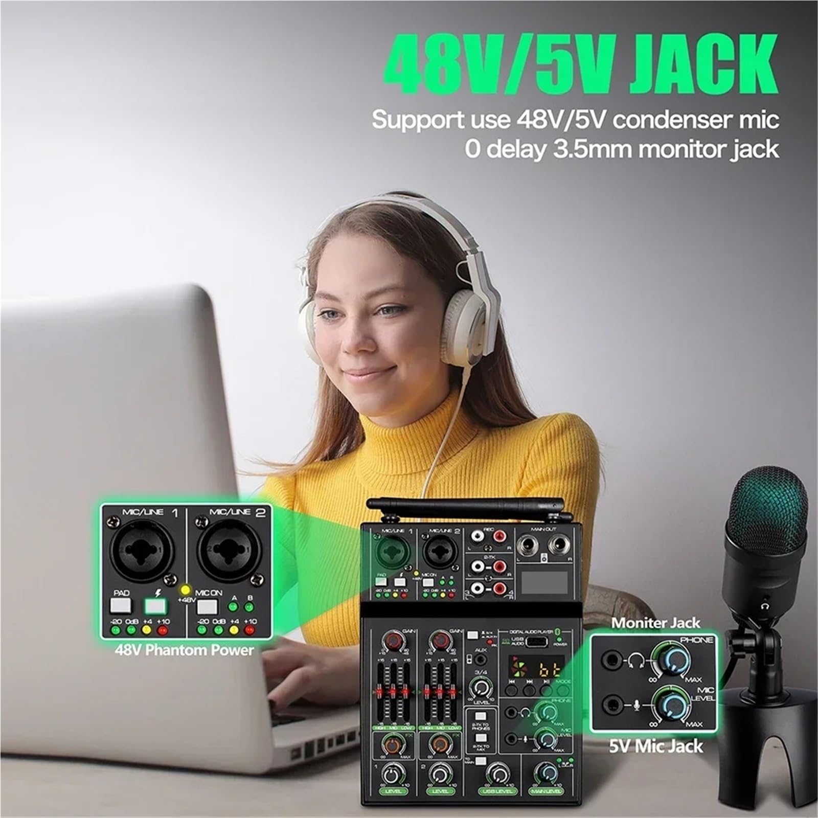 Kontrolery DJ-skie, 4-kanałowy mikser, mikser USB, konsola Bluetooth z bezprzewodowym mikrofonem, mikser DJ-ski do urządzenia imprezowego, soundbar