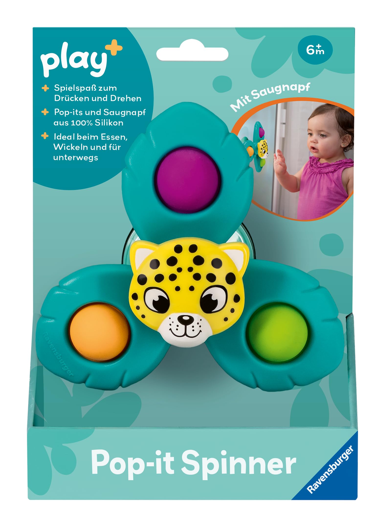 Ravensburger 4868 Play+ Pop-it Spinner: Leopard, Saugnapf-Spielzeug, Silicone-Spielzeug, Baby-Spielzeug ab 6 Monate