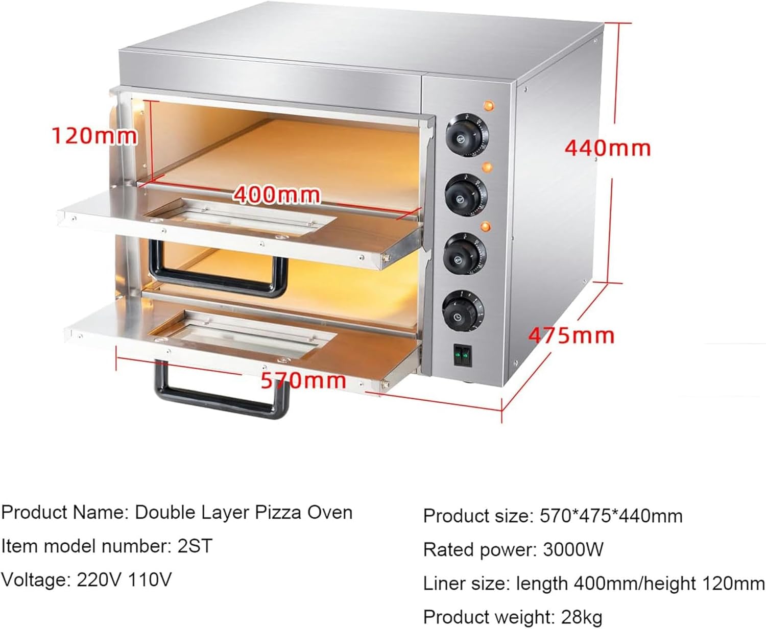Double Layer Oven with Pizza Oven Stone - Electric Stainless Steel Toasted Cake Chicken Bread Deck Oven,Baking Machine Kitchen Baking Tools