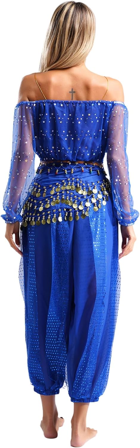 Jugaoge Women Belly Dance Costume Pants Sequin Shiny Harem Pants Bloomers Arabic Halloween Trousers