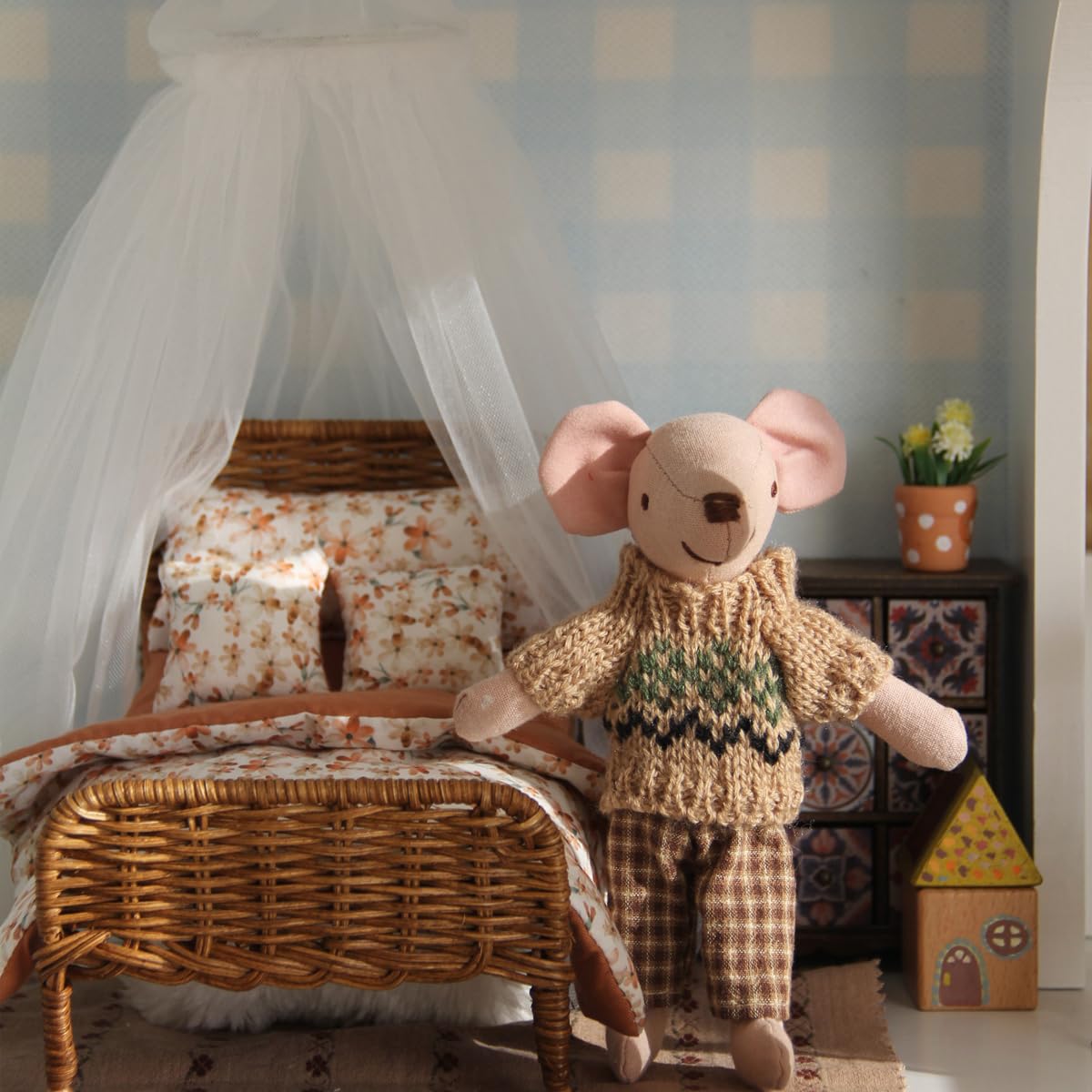 Funky Mini House 1:12 Scale Dollhouse Wicker Bed Handmade Miniature Rattan Bed with Pumpkin Floral Bedding Set for 3-6" Dolls (BJD&Fashion Dolls)