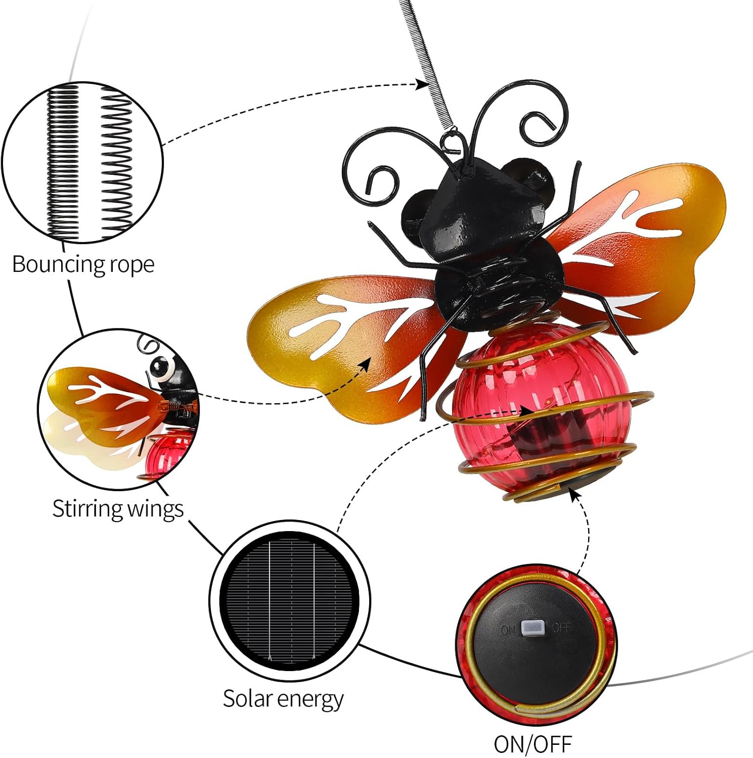 2 Pack Bee Outdoor Decor with Bouncy Springs Pendant Lights Birthday Gifts for Women Mom Grandma,Hanging Solar Lights Outside Waterproof Metal Solar Garden Decoration for Porch,Yard,Patio image 4