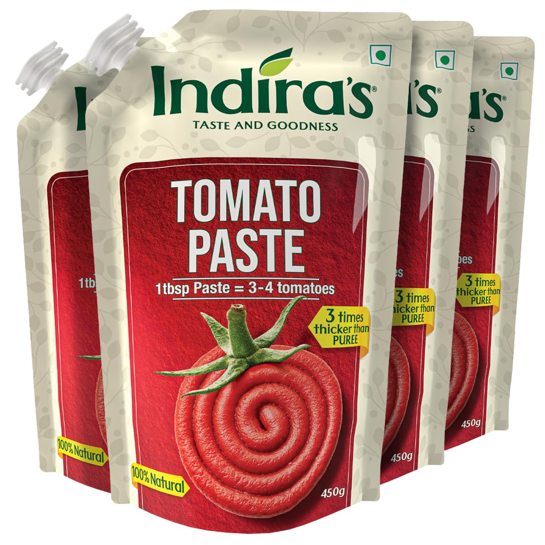 INDIRA's Tomato Paste, 3X Thicker Than Tomato Puree (450Gram,Pack Of 4), Add Rich Flavour & Colour Of 100% Ripe Tomatoes To Make Your Dishes Tastier With Ease.