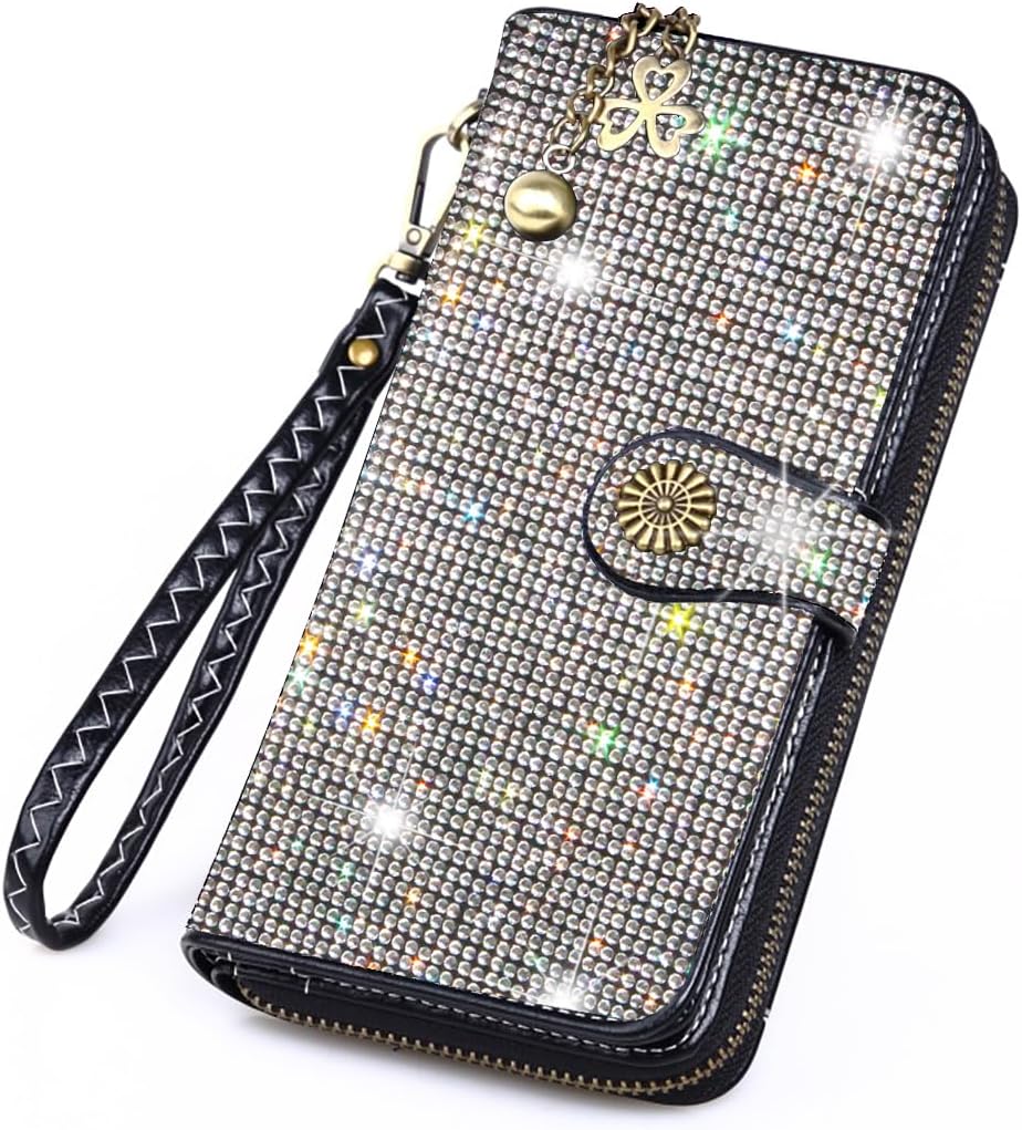 Bling Rhinestone Womens Wallet Wristlet Clutch Handbags Sunflower Lucky Purse Credit Card Holder Large Capacity