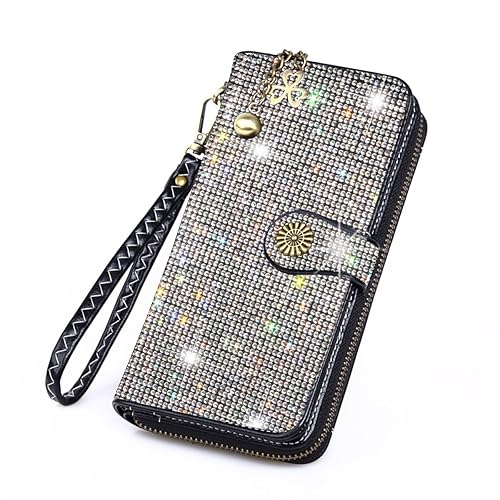 Bling Rhinestone Womens Wallet Wristlet Clutch Handbags Sunflower Lucky Purse