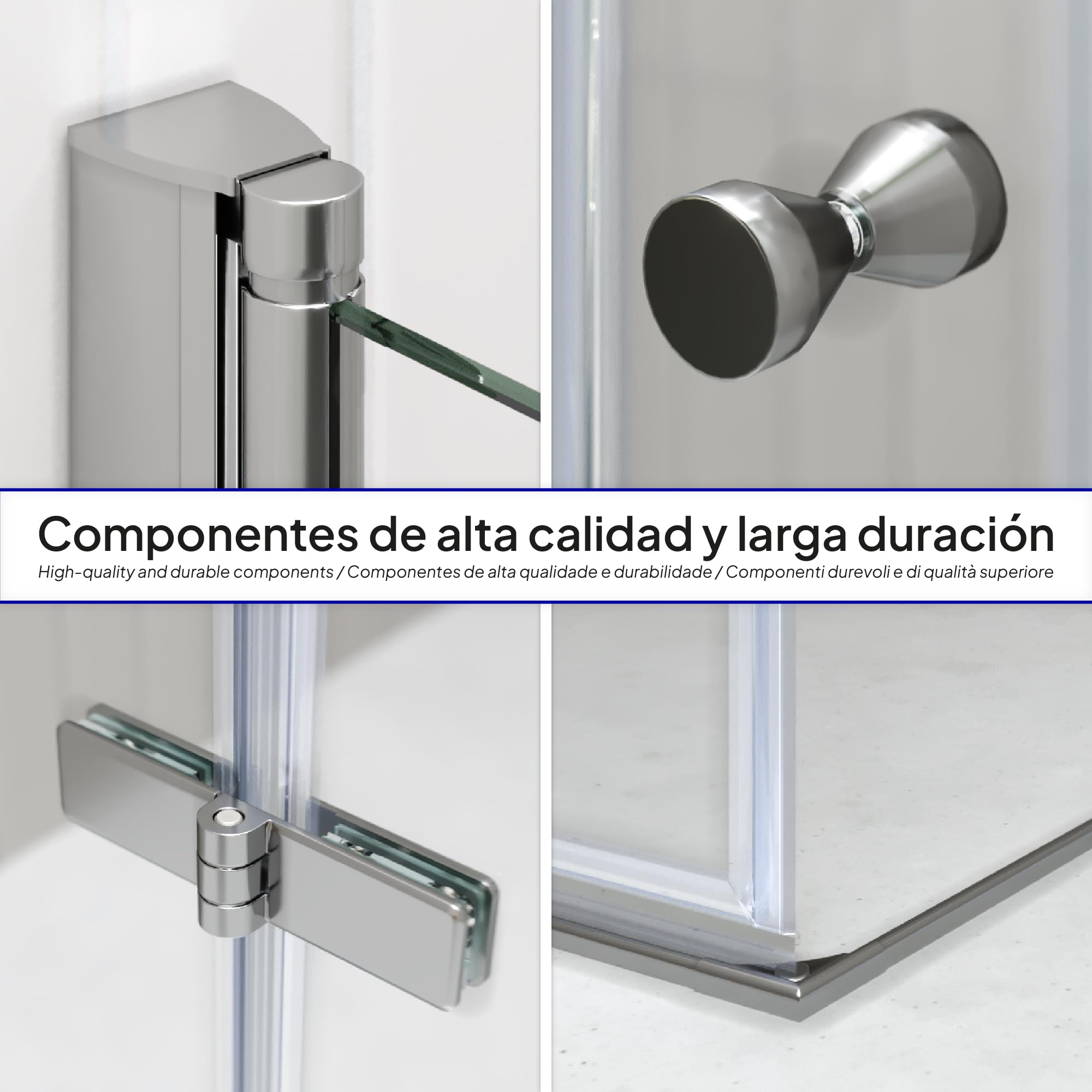 Mampara de Ducha Emma-75x75x180cm|REVERSIBLE|Puertas Plegables, Ajuste 73,5-75,5x73,5-75,5cm|Perfiles Cromo, Cristal Templado Transparente 6mm