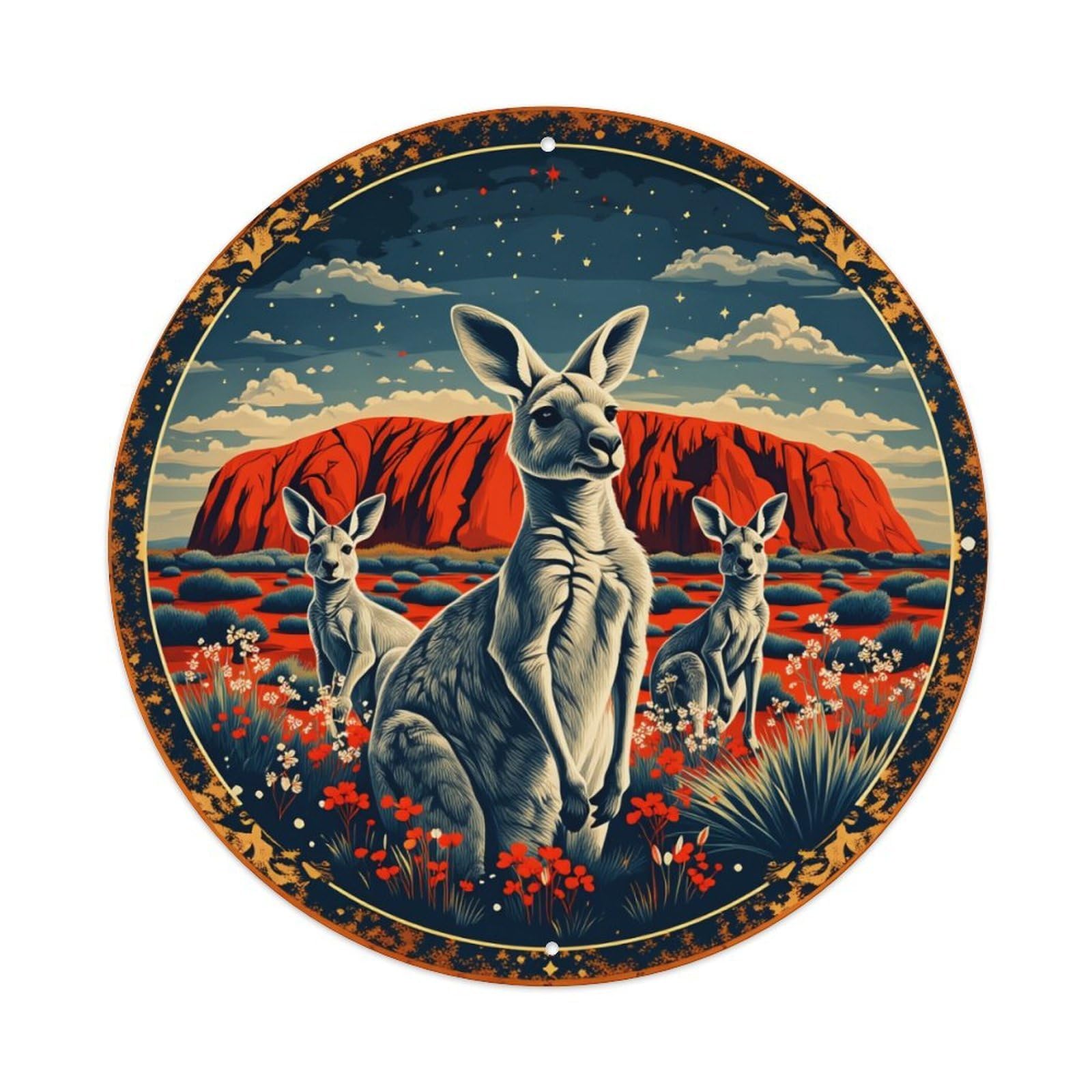 Kangaroo Landscape Night Sky Flowers Round Tin Sign Vintage Metal Poster, Home Bar Garage Man Cave Cafe Indoor & Outdoor Wall Decoration 8x8Inches
