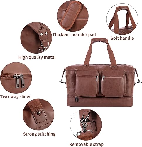 Miniatura 4 de Bolsa de viaje de cuero, bolsa de viaje para hombres y mujeres, bolsas de fin de semana, bolsa de transporte, bolsa de gimnasio grande con bolsa