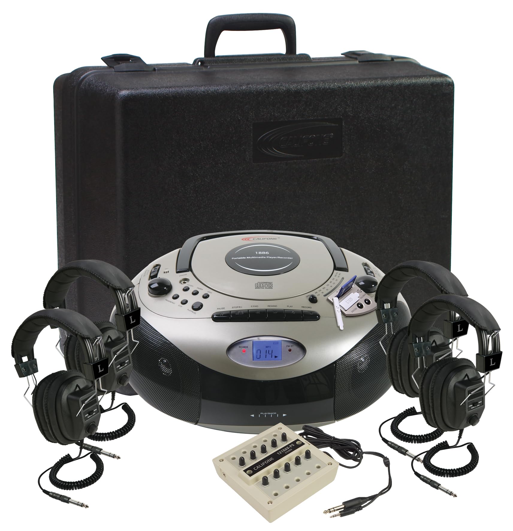Califone 1886PLC 4-Person Spirit SD Stereo Listening Center, Includes 1886 Boombox Multimedia Player, Carry/Storage Case, One 10 position jackbox and Four 3068AV Headphones