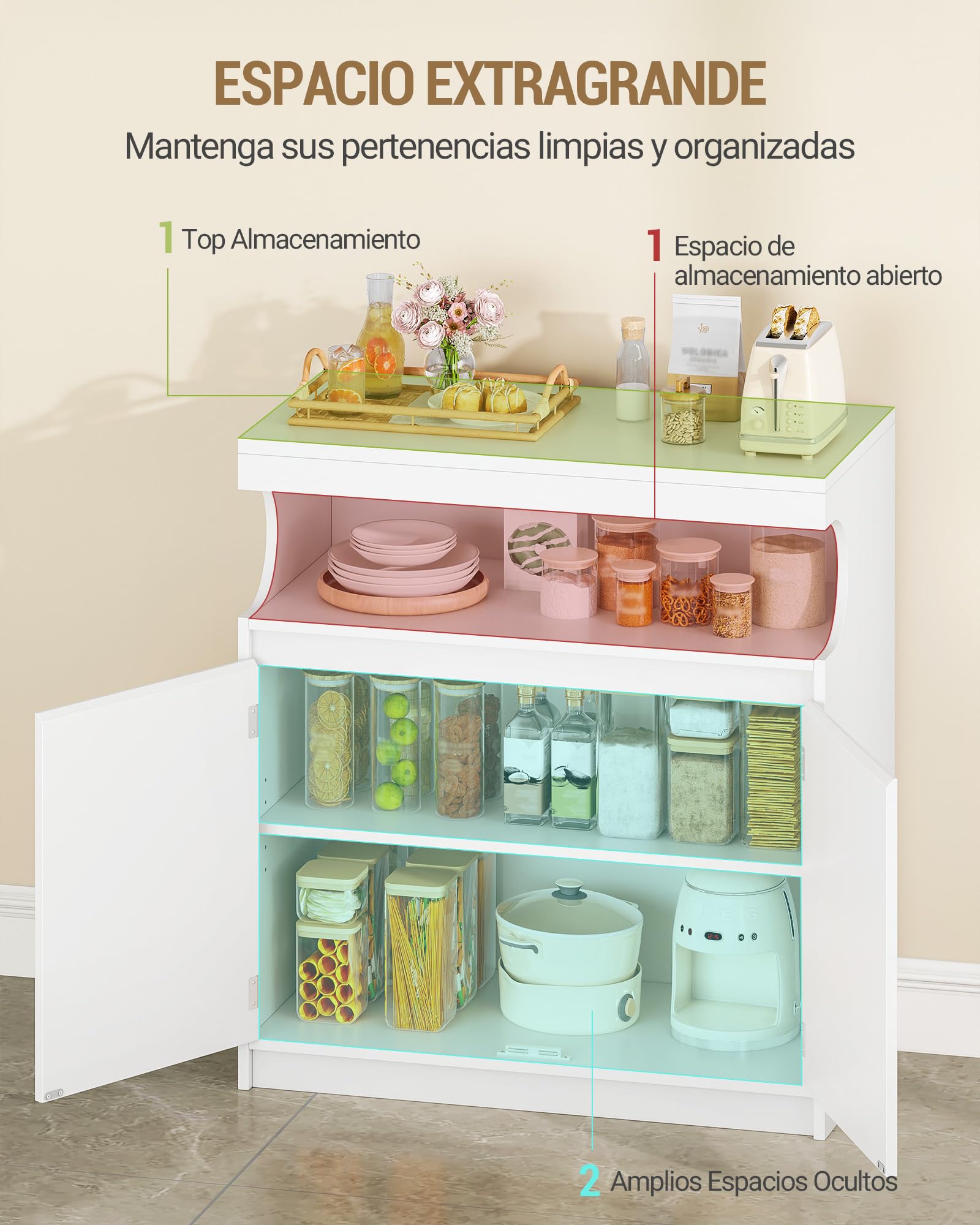 Hzuaneri Aparador, Armario de Cocina, 2 Puertas, 40 x 80 x 85 cm, Blanco | Sección de Buffet Abierta, Estantes Ajustables, Armario de Almacenamiento, Estilo Moderno, Apto para Cocina, Salón, SC80003X