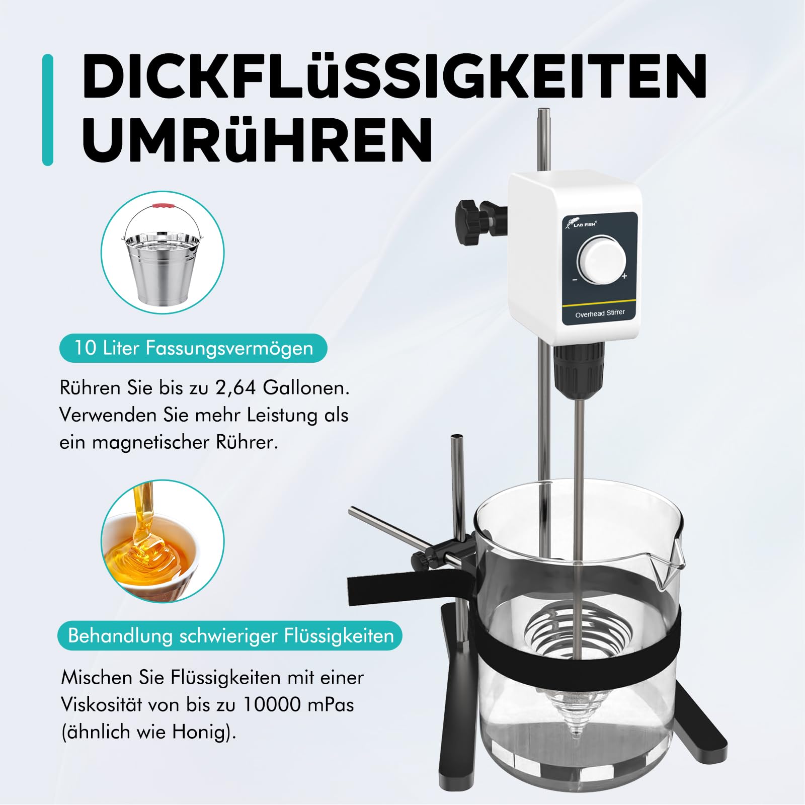 LAB FISH OS-5E Rührwerk Overhead Stirrer, 24W Laborrührer mit Rührblatt & Edelstahl-Ständer, Drehknopf Geschwindigkeit 100-1200 U/min, für max. 10L & 10000 mPas