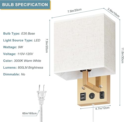 Miniatura 2 de CADUKE Juego de 2 apliques de pared enchufables dorados con cable enchufable, lámpara de pared de cabecera con puertos de carga USB y enchufe de