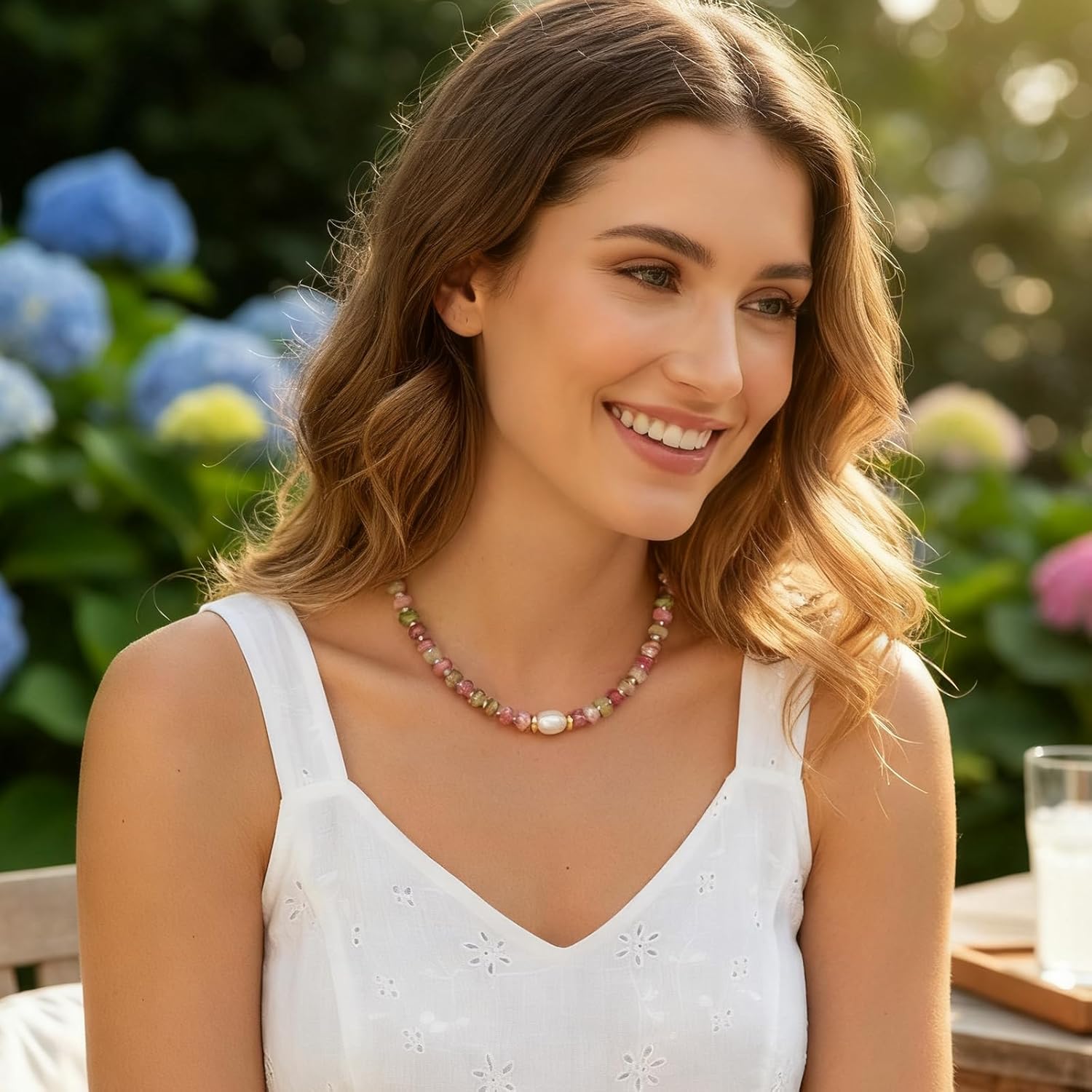 Pearl Beaded Gemstone Necklace for Women,Boho Colorful 8mm Bead Choker Necklace Nature Stone Summer Beach Handmade Necklace Jewelry Gifts - Image 6