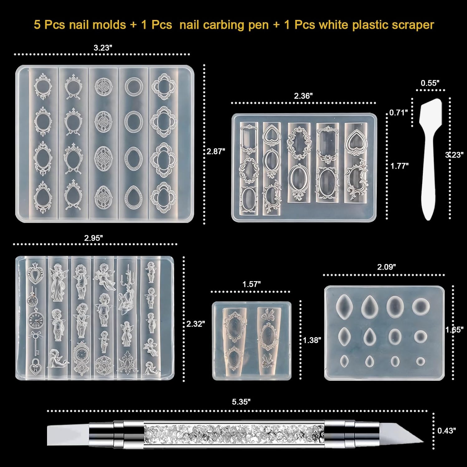 Silicone Nail Art Molds - 5Pcs 3D Vintage Frame Gemstone Angel Nail Molds with Carving Pen & Scraper Clear Nail Charms Design Template for Nail Art Resin Crafts DIY Jewelry