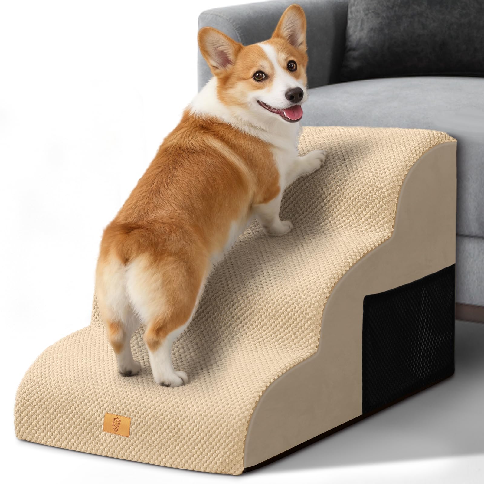 Escalera para Mascotas de 3 Peldaños, Escalera para Perros de 50 cm de Alto con Funda de Tela Extraíble y Lavable, Rampa para Perros de Espuma para Sofá y Cama,Beige