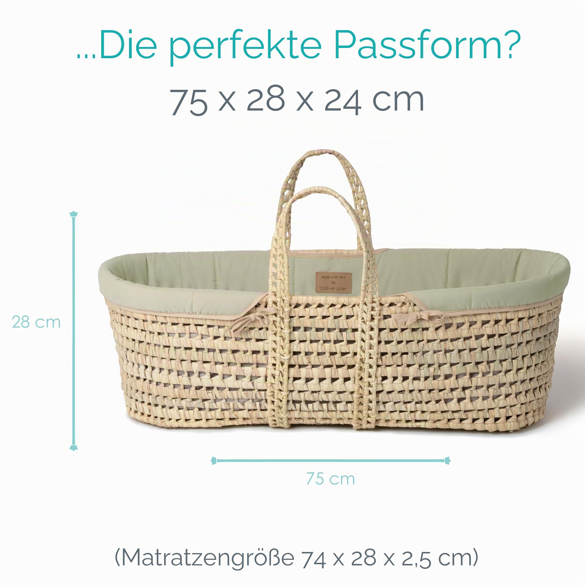 Clair de Lune Bio-Palme Moseskorb mit natürlichem Schaukelständer, preisgekrönter Baby-Stubenwagen 75 x 28 cm (Salbeigrün)