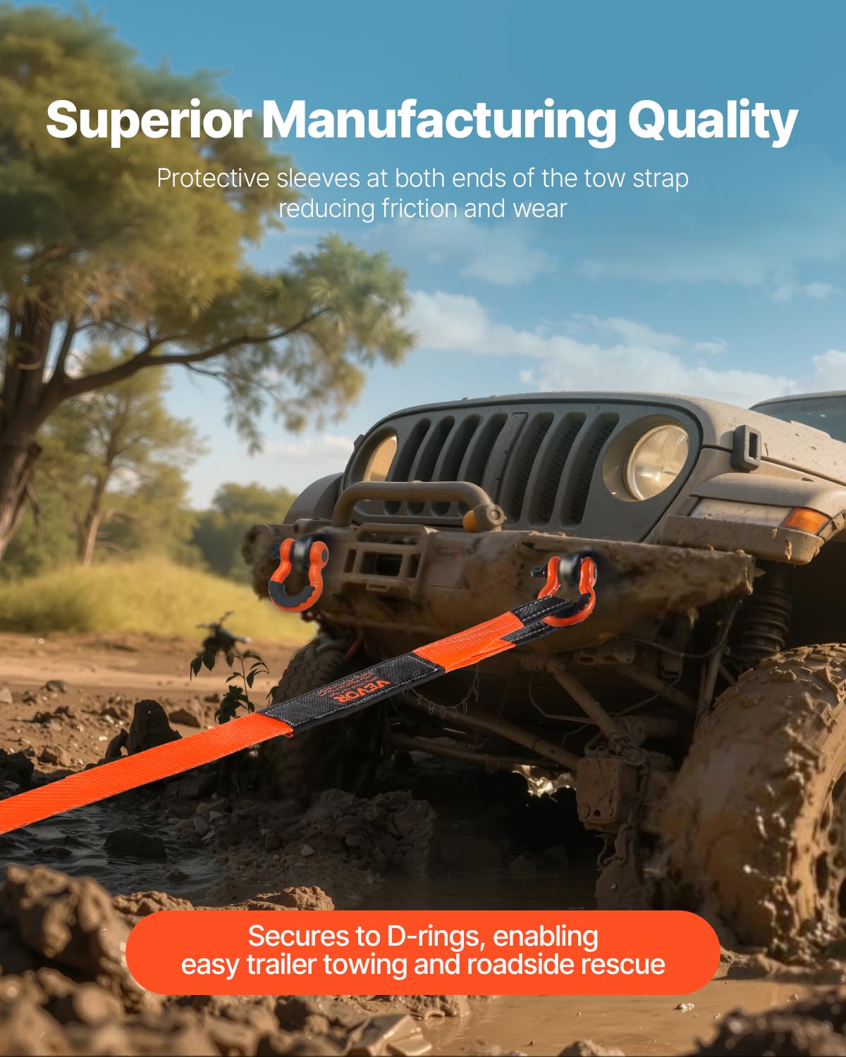 VEVOR Kit di Recupero con Cinghia di Traino per Impieghi Gravosi, Cinghia per Verricello Salva-Albero 76,2 mm x 9,1 m Resistenza alla Rottura di 16329 kg Triplo Anello Rinforzato, per Jeep, SUV, ATV