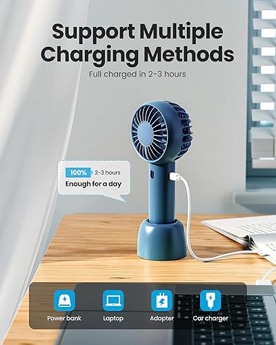 Vista 6 de Gaiatop Mini ventilador portátil, azul marino, diseño lindo, viento potente, de mano y de escritorio, batería recargable