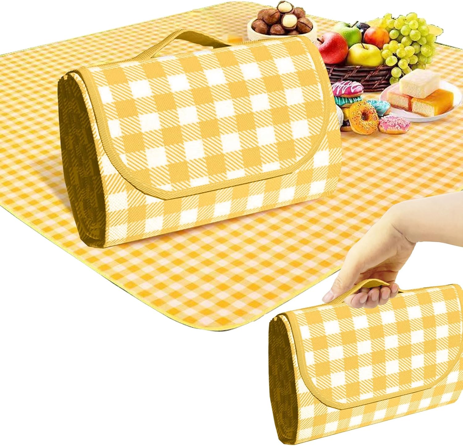 1 Foldable Picnic Blanket Large Size 80 ""x 80"" Family Outdoor Camping Dinner for 8 People can sit 40 ""x 60"" Couples Exclusive mat, (40""×60 ""), Yellow