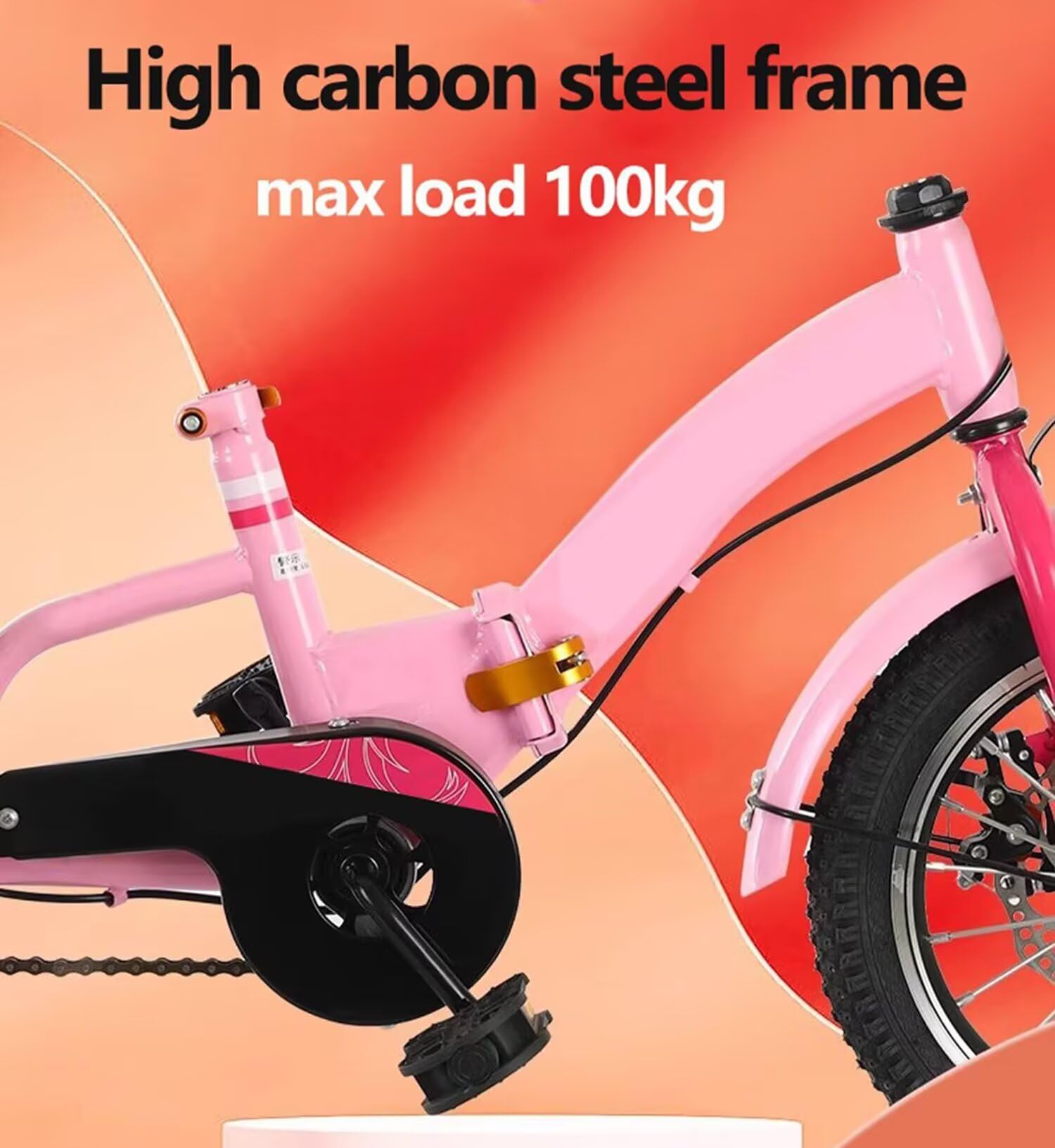 Bicicletta a tre ruote Triciclo pieghevole con sedile posteriore, doppi freni, pneumatici multicolori da 14-18 pollici(Pink,16inch)