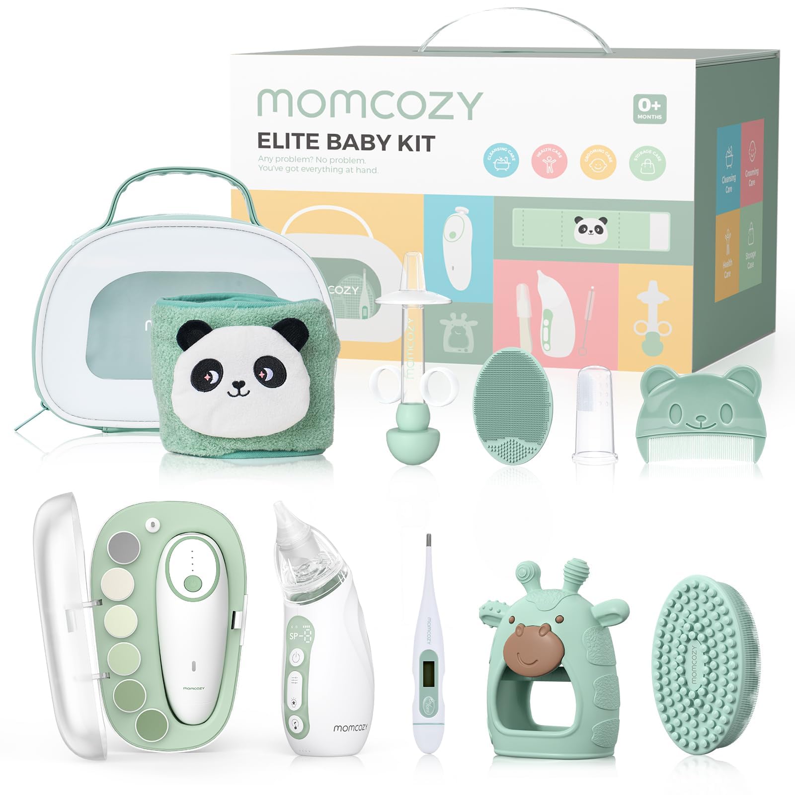 Kit per Bambini Momcozy Elite, Regalo di Qualità Superiore per Curala & Salute & Pulizia del Bambino, Ideale per Festa del Bebè & Lista di Nascita,Lima per Unghie&Aspiratore Nasale Elettrico,ecc,Borsa