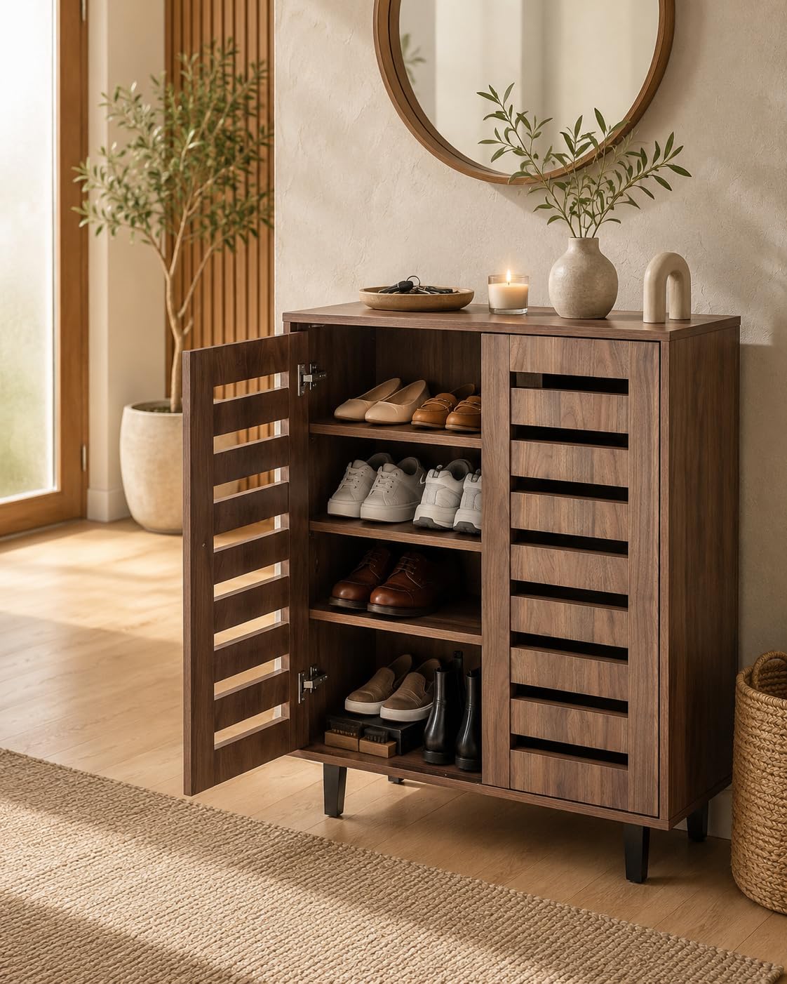 Metro 2 Door Engineered Wood Shoe Cabinet | Wooden Shoe Rack with Spacious Shelves | Modern Shoe Storage Organizer for Entryway, Hallway & Living Room | Walnut Finish-image-1