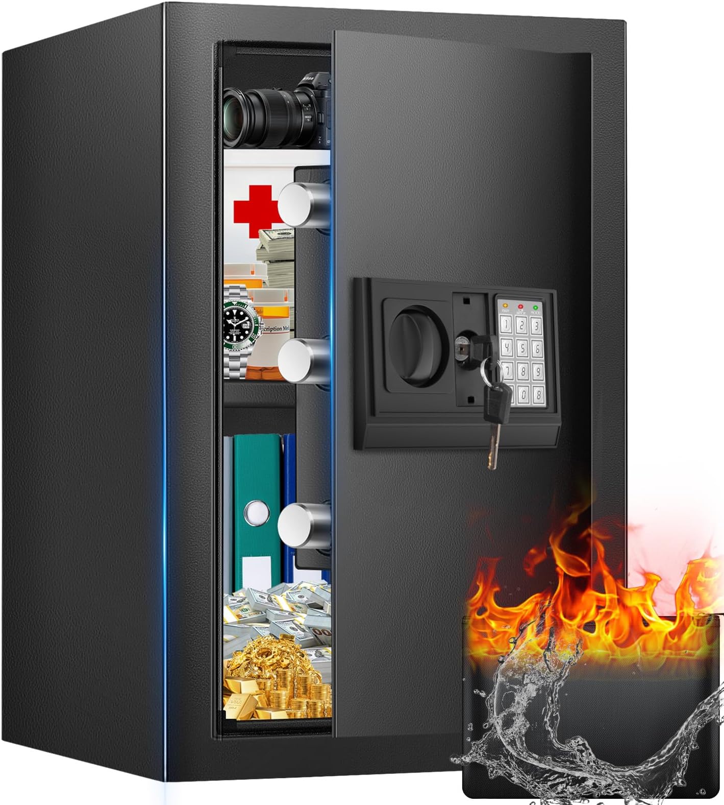 FOWORE 2.8 Cuft Home Safe Box with Fireproof Waterproof Bag, Anti-Theft Digital Security Safe Box, Removable Shelf, Mute Function, Black Steel Safe with Key + Combination Lock