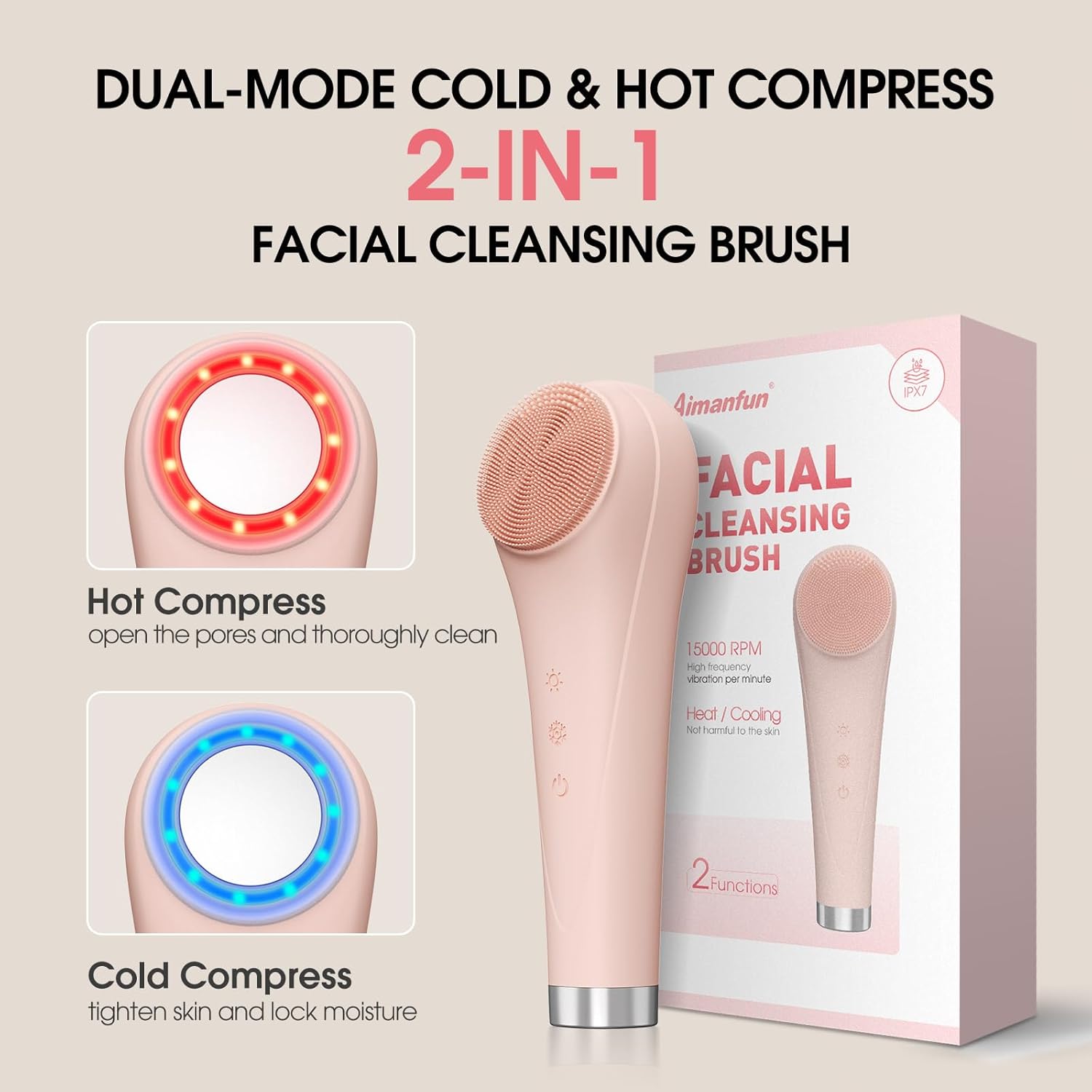 Facial Cleansing Brush,Silicone Face Scrubber,Pore Scrubber for Women Men,IPX7 Waterproof Exfoliating Face Brush,Rechargeable Electric Face Scrub,Pink - Image 3