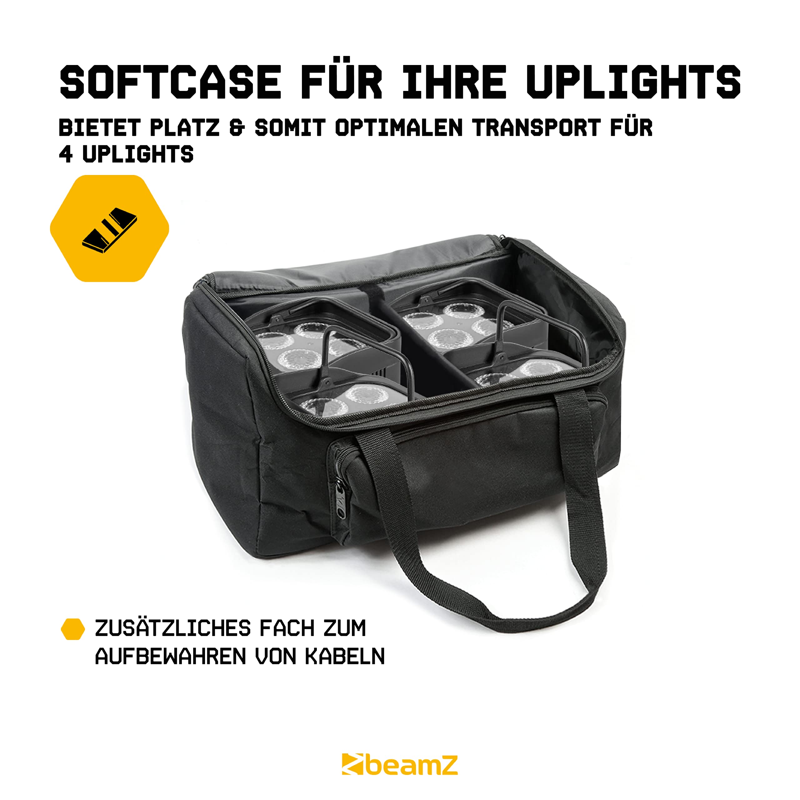 BeamZ BBP94 Uplight LED Par Strahler, 4er Set mit Tasche, 4 x 10 Watt, Akku Bühnenbeleuchtung 4er Set für DJ Pult, Bühnenlicht, DMX-LAN, Partylicht Musikgesteuert, Bühnenequipment, Fernbedienung